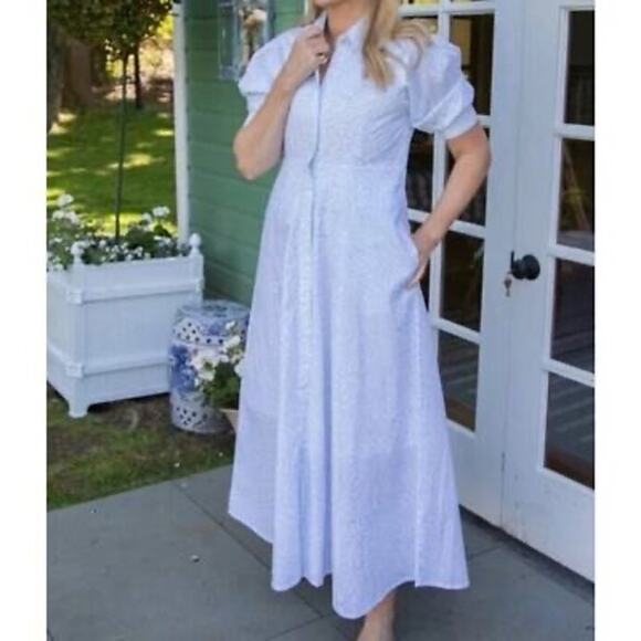 INDIA AMORY Julia SZ L White Blue Short Sleeve Shirt Dress Blue Print Flowy - Picture 2 of 8